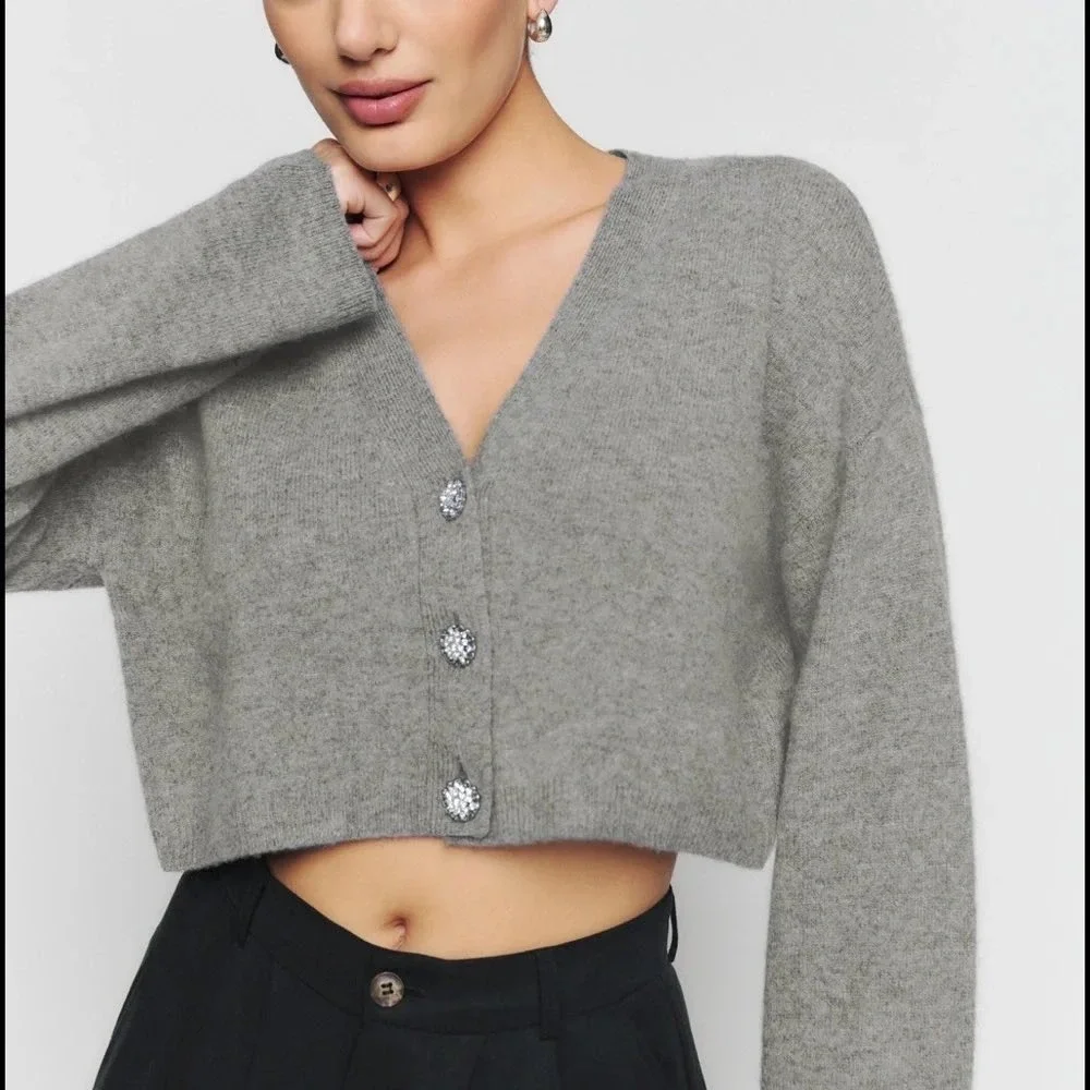 Reformation Val Pink Wool Cropped Cardigan Crystal Button Sweater S Cozy Layerin